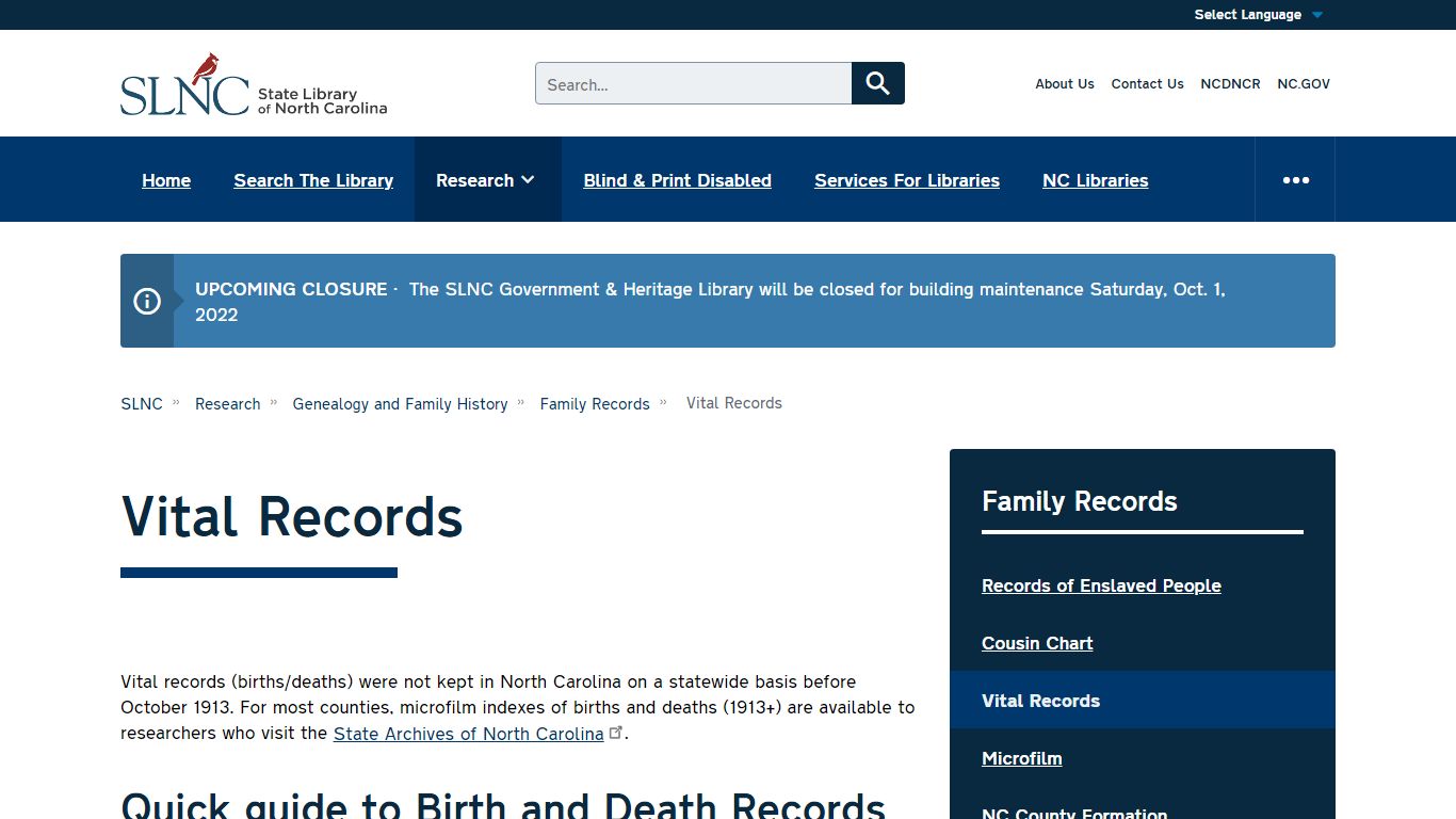 Vital Records | SLNC - NCDCR